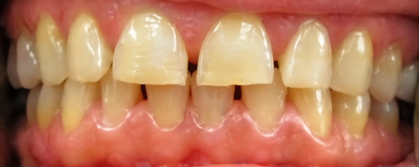 Close-up showing front teeth condition before veneer treatment
